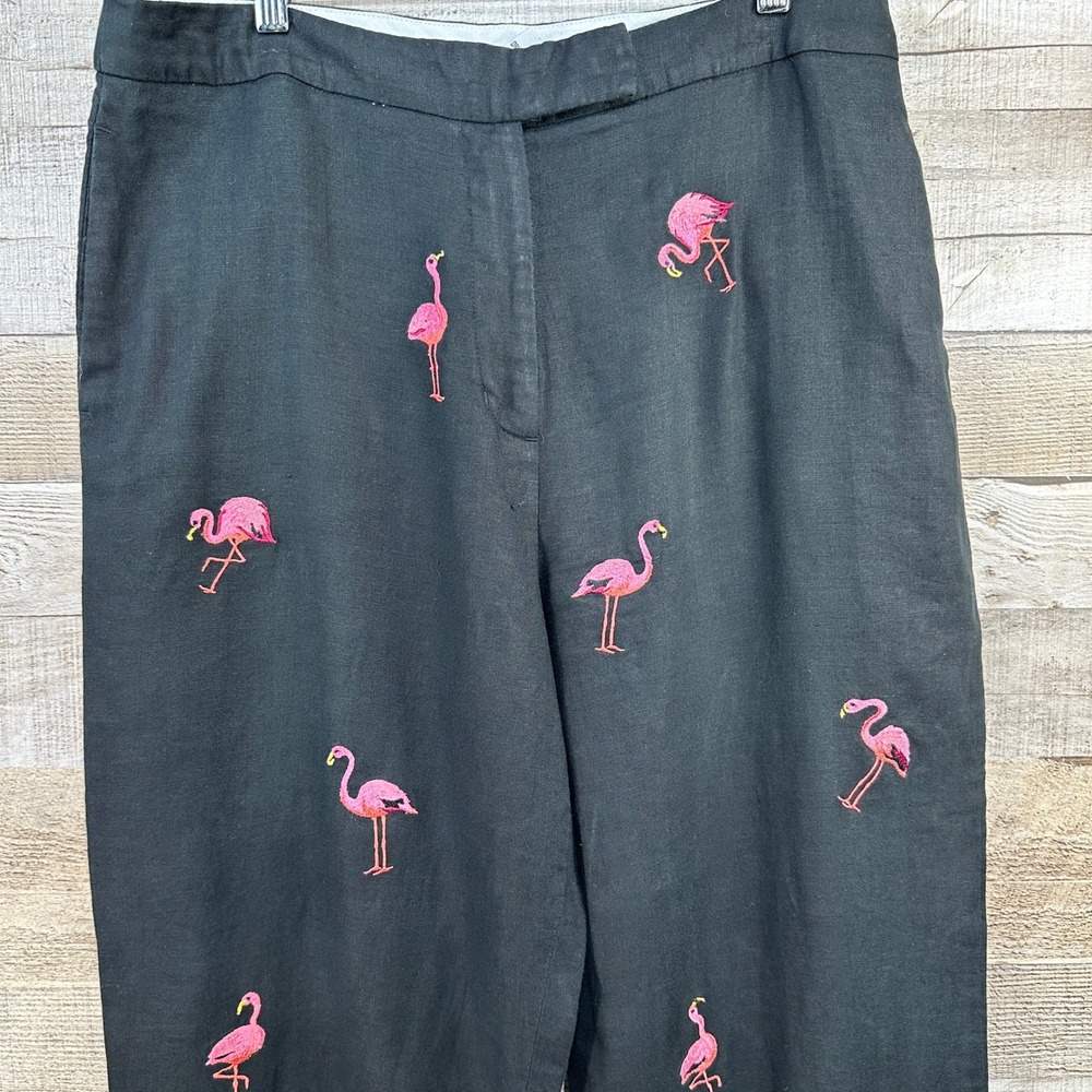 Deane & White Womens Black 100% Linen Pink Flamingo Embroidered Pants Size 16